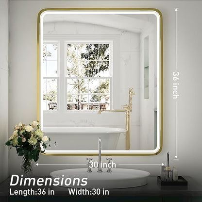 30x36 Inch LED Gold Frame Bathroom Mirror, ETL Listed | Anti-Fog,3 Color 3000K/4500K/6000K Dimmable,Horizontal & Vertical,Wall Mounted,Memory Function