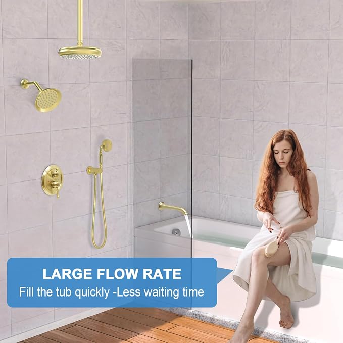 Enga Antique Shower Faucet Sets Dual Heads with Tub Spout 8" Ceiling & 6" Wall Mount Vintage Shower Head Handheld Spray Combo, 4 Way Diverter Brass Rough in with Trim Kit, Brushed Gold