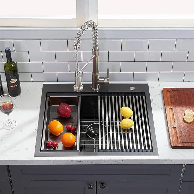 25 Inch Black kitchen Sink Drop in - 25"x22" Topmount Ledge Workstation Kitchen Sinks 16 Gauge Handmade Stainless Steel Single Bowl Sink with All Accessories for Kitchen Laundry Utility