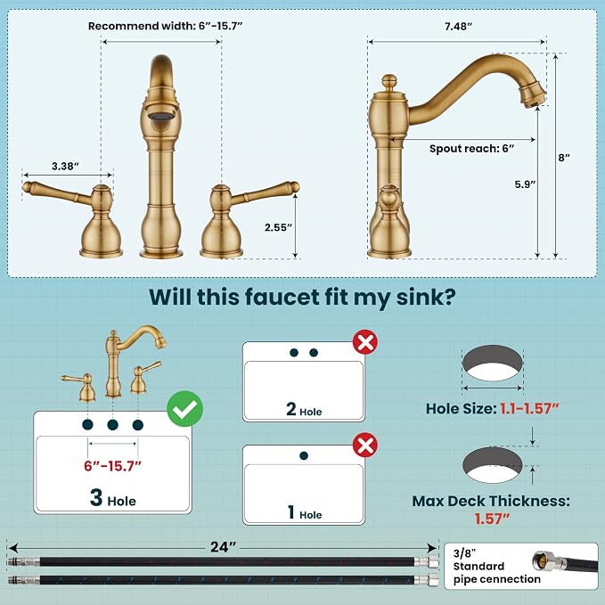 gotonovo Bathroom Sink Faucet 3 Hole 8 Inch Widespread, Antique Brass | Bathroom Vanity Faucet Double Lever Handle Vintage Deck Mount, Pop Up Drain and cUPC Supply Lines, for Lavatory Farmhouse RV