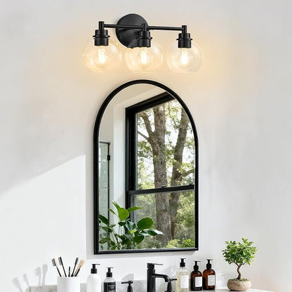 Bathroom Light Fixtures, Vanity Lights for Bathroom 3-Light Black, Bathroom Lighting Fixtures Over Mirror with Clear Glass Globe Shade, Bathroom Vanity Light for Living Room Kitchen Bedroom Hallway
