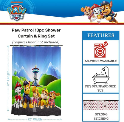 Nickelodeon Paw Patrol 13-Piece Shower Curtain Set, 72 x 72 Inch Fabric Curtain with Hooks, Bathroom Decor, Machine Washable, (100% Officially Licensed Product) by Franco Collectibles
