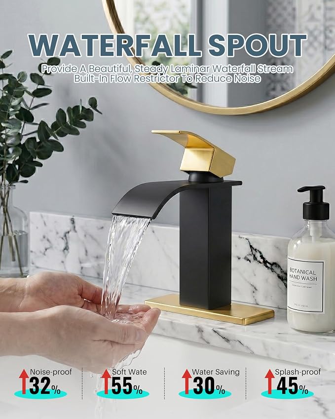 Black and Gold Bathroom Faucet, ARCORA Waterfall Faucet for Bathroom Sink Single Handle Mixer Tap Lavatory Vanity Faucet with Deck Plate and Pop Up Drain, 1 or 3 Hole