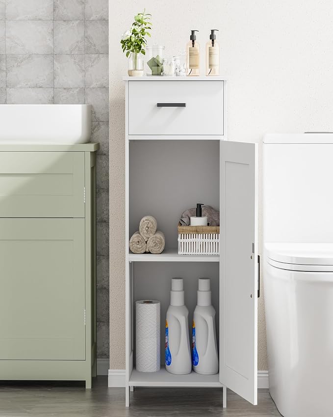 Homhedy Bathroom Storage Cabinet with Drawer & Adjustable Shelf | Freestanding Storage Cabinet for Bathroom, Entryway, Living Room & Kitchen, White, 11.8"W