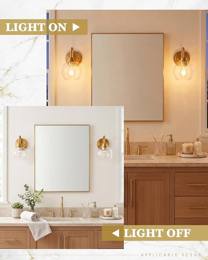 Brushed Gold Wall Sconces Set of 2 with Globe Clear Glass Shade | Modern design, hardwired, E26 socket, suited for bathroom mirror side, bedside, hallway, or entryway, AD-22280-1W2-GD
