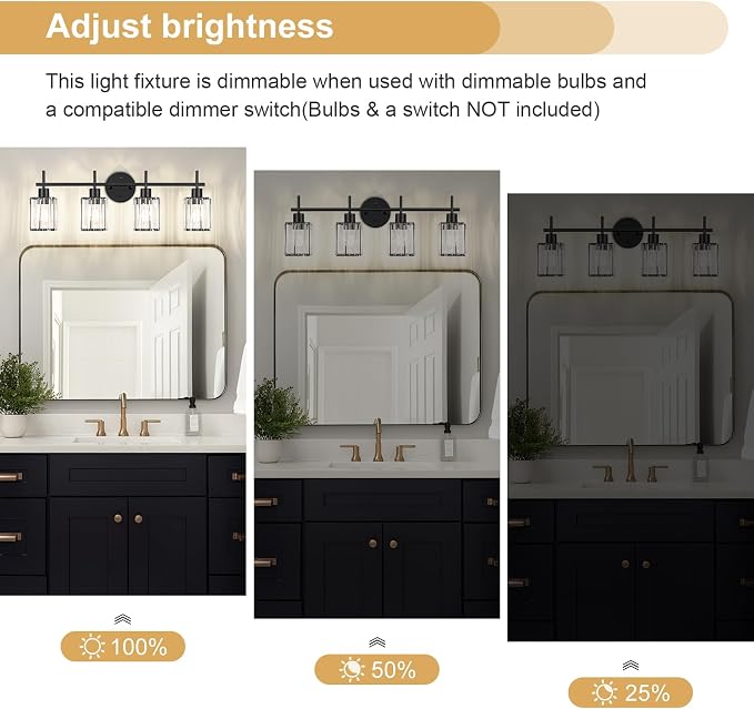 Black Bathroom Light Fixtures, Square, 4-Light | Vanity Lights with Crystal Shades, Modern Bathroom Lighting Fixtures over Mirror (Bulbs Not Included, E26)