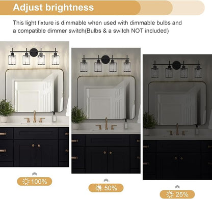 Black Bathroom Light Fixtures, Square, 4-Light | Vanity Lights with Crystal Shades, Modern Bathroom Lighting Fixtures over Mirror (Bulbs Not Included, E26)