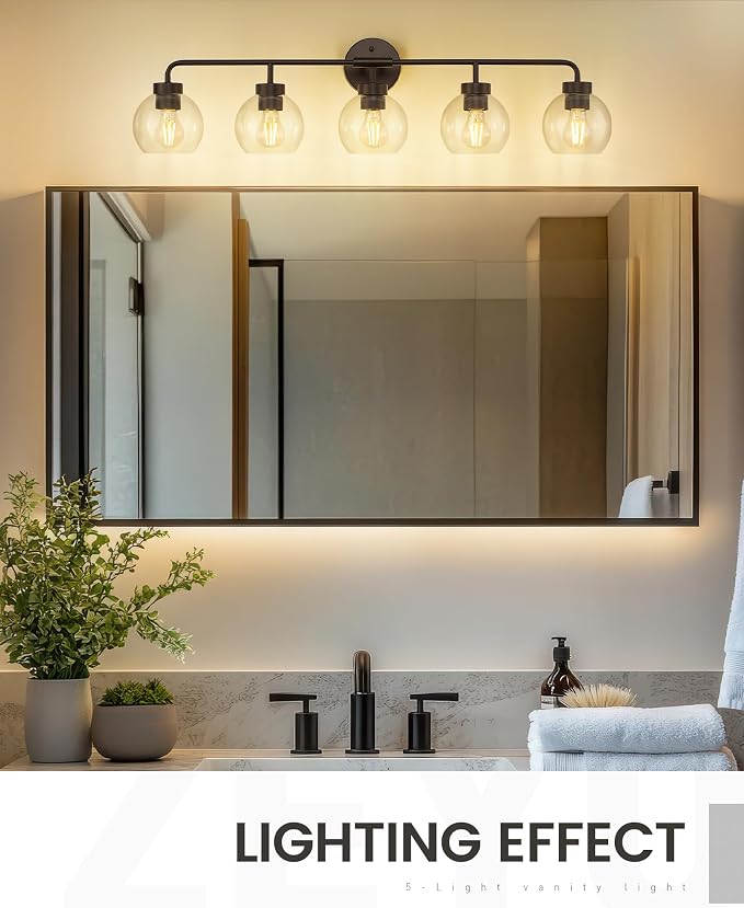 zeyu 5-Light Globe Bathroom Vanity Light, Oil Rubbed Bronze, ZS62BG-5W ORB | Large Bathroom Vanity Light, 38.5-Inch 5-Light Design, Clear Globe Glass, Oil Rubbed Bronze, Up/Down Mount, ETL Listed