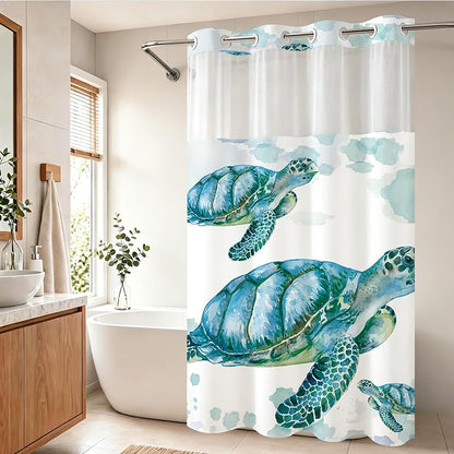 Beach Nautical Sea Turtle Theme No Hook Waffle Weave Shower Curtain with Snap in Liner Nautical Beach Bathroom Blue Ocean Decor Set 60 W x 74 H Inch Teal
