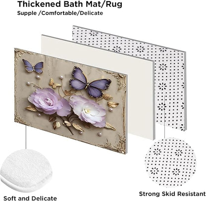 Chrainy 4pcs Vintage Butterfly Shower Cutain Set Bathroom Decor with Rugs | Bath Accessories with Waterproof Curtain, Bath Mat, Toilet Lid Cover, U-Shaped Rug and 12 Hooks for Washroom, 71*71in