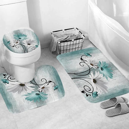 Onalasyc 4PCS Teal Daisy Floral Bathroom Sets with Shower Curtain and Rugs | Country Floral Butterfly Shower Curtain Set,Modern Bathroom Decor Shower Curtains Set with Rugs Toilet Lid Cover and 12 Hooks