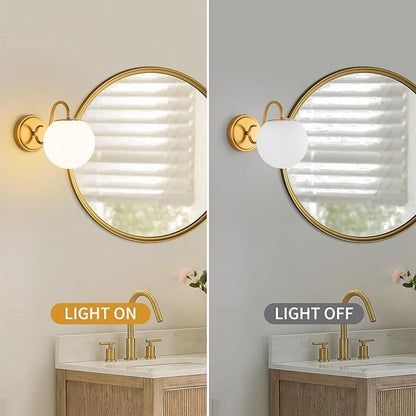 Vintage Bathroom Vanity Light Fixtures Over Mirror, Brushed Gold Vanity Lights For Bathroom With Milk White Glass Globe Shade, Wall Sconces For Bedroom, Hallway, Dressing Table(Includ G9 Bulb)