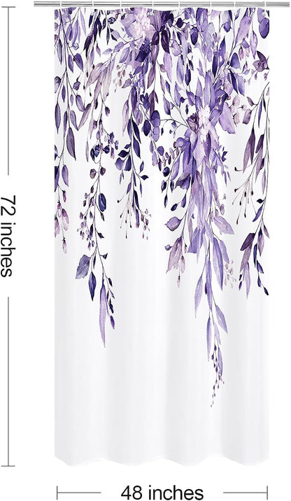 Purple Eucalyptus Shower Curtain, Watercolor Floral Print, 48x72 | Watercolor Plant Leaves Floral Print, Waterproof Fabric Bathroom Decor, Machine Washable, Rustproof Grommets