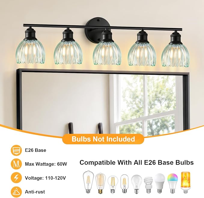 Bathroom Light Fixtures, 5-Light Brushed Black Vanity Lights for Bathroom with Blue Tulip Glass Shade, 30" Vintage Bathroom Vanity Lighting Fixtures Over Mirror for Bedroom Living Room Hallway