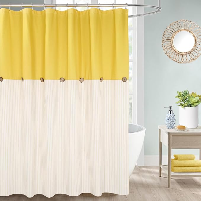 DOSLY IDÉES Farmhouse Yellow Shower Curtain, Beige and Yellow Stripe, Button Curtain, Linen and Cotton Woven Fabric, Rustic Charm Country Chic Style, 72x72 in