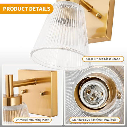 OCIOC Gold Hardwired Wall Sconces Set of Two, Modern Glass Wall Lights for Bathroom, Wall Mounted Light for Bedroom, Living Room, Hallway, Cabinet Porch