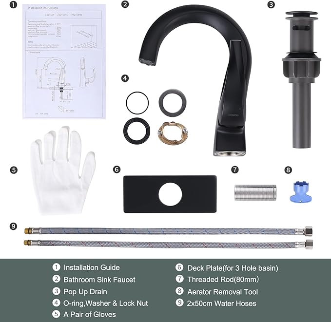 WOWOW Single Handle Bathroom Faucet, Matte Black, 1 Hole, High Arc, Pop Up Drain, Solid Brass, Easy Installation, 5 Year Warranty