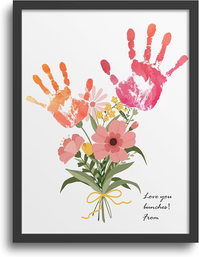 TwoDays Flower Bouquet Handprint Art Craft DIY Kit, Unique Gifts for Mom from Daughter or Son for Mother's Day Birthday Christmas, Gift for Grandma. (Floral-1, Black)