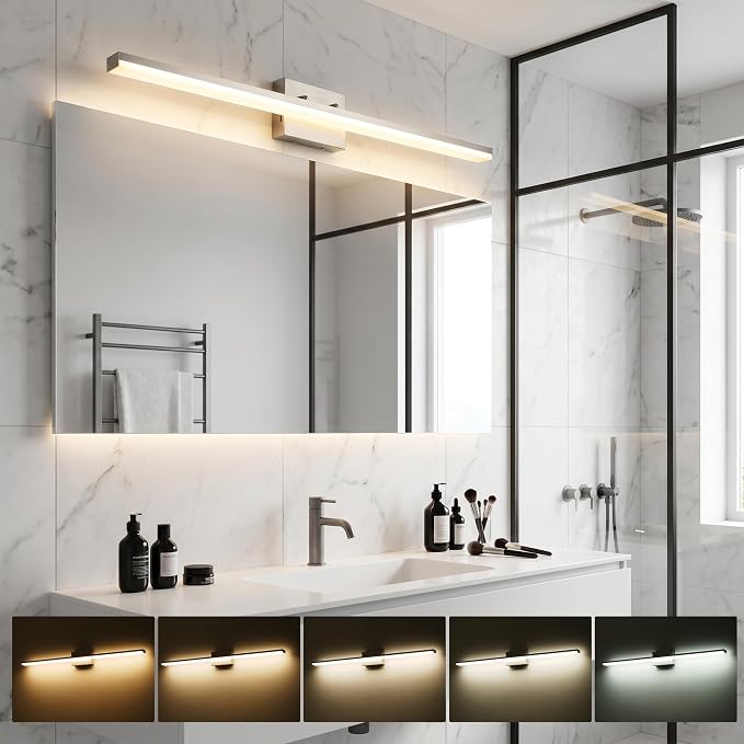 mirrea 48in 5CCT Brushed Nickel LED Vanity Lights for Bathroom Over Mirror | 5 color temperatures,Adjustable light angle,ETL listed,Dimmable,Bathroom lighting fixtures,Eye-friendly,Frosted acrylic shade