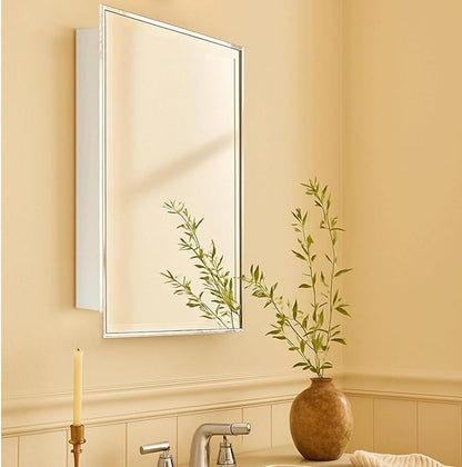 TEHOME 16.5'' x 24'' Polished Nickel Recessed and Surface Mount Bathroom Medicine Cabinet with Mirror Square Cornered Metal Framed Rounded Rectangle Medicine Cabinet Mirror