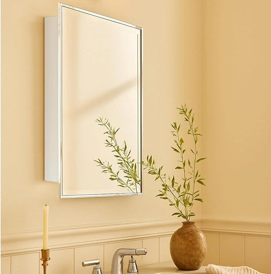 TEHOME 20'' x 30'' Polished Nickel Recessed and Surface Mount Bathroom Medicine Cabinet with Mirror Square Cornered Metal Framed Rounded Rectangle Medicine Cabinet Mirror