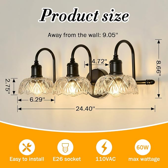UOFUS 3-Light Black Vanity Light Farmhouse Bathroom Lighting Fixtures | Over Mirror with Clear Glass Shade