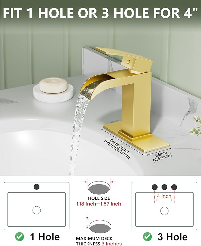 Midanya Waterfall Bathroom Faucet, Single Handle Bathroom Sink Faucet for Sink 1 or 4 Inch 3 Hole, Stainless Steel Vanity Faucets with Deck Plate and Pop up Drain,Brushed Gold