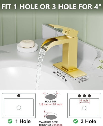 Midanya Waterfall Bathroom Faucet, Single Handle Bathroom Sink Faucet for Sink 1 or 4 Inch 3 Hole, Stainless Steel Vanity Faucets with Deck Plate and Pop up Drain,Brushed Gold
