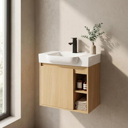 24" Bathroom Vanity with Sink, Wall-Mounted Cabinet, Light Oak | Ceramic Sink, Soft-Close Door & 2 Open Storage Shelves, Modern Farmhouse Sink Cabinet, Easy to Clean for Small Bathroom