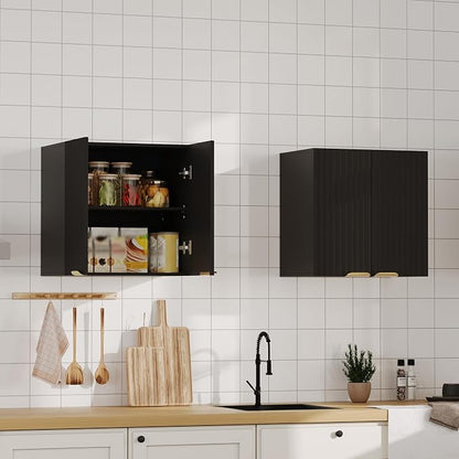 ChooChoo Bathroom Wall Cabinet, Laundry Room Cabinet with 2 Fluted Doors | Kitchen Storage Cupboard Cabinet with Adjustable Shelf, Fluted Wall-Mounted Medicine Cabinet for Kitchen, Garage, Black