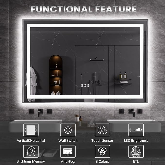 LED Bathroom Mirror 72"X36", Front Light and Backlit(Brushed Silver) | Metal Framed Mirror, Stepless Dimmable, Anti-Fog, HD Reflection, Shatter-Proof, Memory, 3 Colors Lighting, UL Listed.