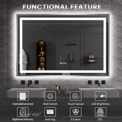 LED Bathroom Mirror 72"X36", Front Light and Backlit(Brushed Silver) | Metal Framed Mirror, Stepless Dimmable, Anti-Fog, HD Reflection, Shatter-Proof, Memory, 3 Colors Lighting, UL Listed.