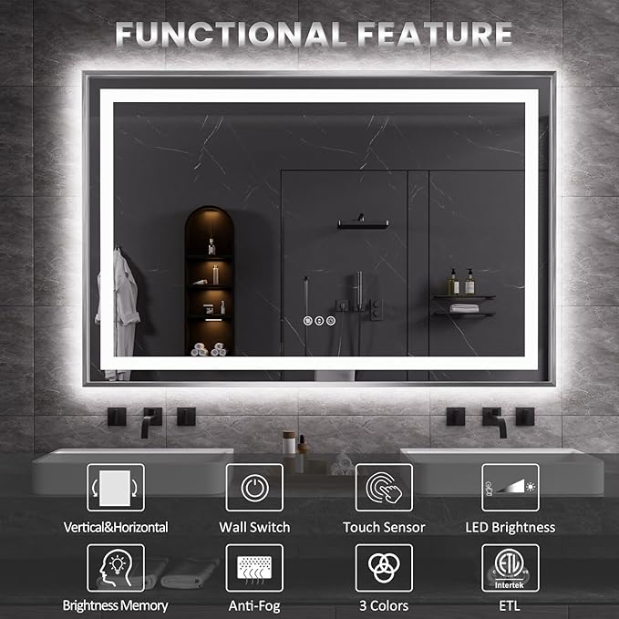 LED Bathroom Mirror 40"X38", Front Light and Backlit(Brushed Silver) | Metal Framed Mirror, Stepless Dimmable, Anti-Fog, HD Reflection, Shatter-Proof, Memory, 3 Colors, Double LED Vanity Mirror.