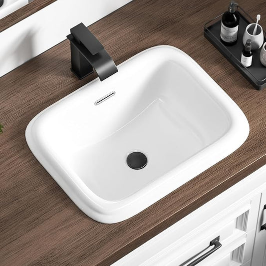 Bathroom Vessel Sink 19x15 Inch Drop In Bathroom Sink Rectangular Semi Recessed Bathroom Sinks with Overflow White Ceramic Modern Sinks Bowl Vanity Above Counter Basin