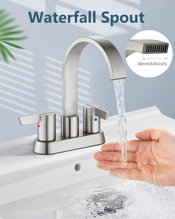 Aolemi Bathroom Faucets for Sink 3 Hole,4 Inch Centerset Waterfall Faucet 2 Handle for Bathroom Sink with Pop-Up Drain and Supply Lines Brushed Nickel