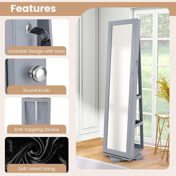 GOFLAME 360° Rotating Jewelry Armoire, Lockable Jewelry Cabinet with Full-Length Mirror & Inner Makeup Mirror, Standing Jewelry Storage Organizer with Rear Storage Shelves, Gray