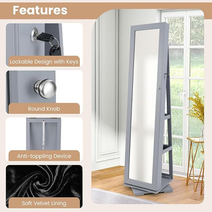 GOFLAME 360° Rotating Jewelry Armoire, Lockable Jewelry Cabinet with Full-Length Mirror & Inner Makeup Mirror, Standing Jewelry Storage Organizer with Rear Storage Shelves, Gray