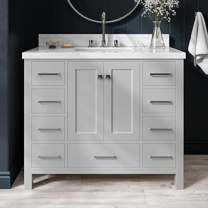 ARIEL Cambridge 42-inch Bathroom Vanity with Sink,Solid Wood, 1.5-inch Italian Carrara Marble Countertop, Single Rectangular Porcelain Sink, 2 Soft Closing Doors, 9 Dovetail Drawers, Grey