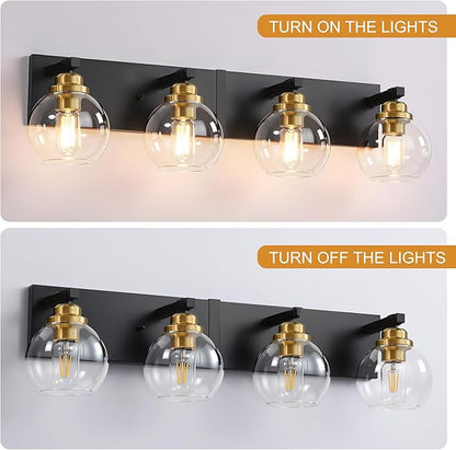 4-Light Bathroom Vanity Light Fixture Over Mirror, Bathroom Light Fixutre Matte Black & Gold Finish with Globle Clear Glass E26 Base Bulbs Not Included for Bathroom, Hallway, Bedroom, Living room