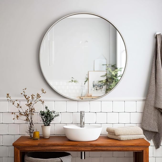 Silver Round Mirror 40 inch, Circle Mirror with Brushed Metal Frame | Brushed Nickel Metal Frame, High Definition, Rust-resistant, Easy installation, Restroom, Cloakroom, Guest Room, Hallway