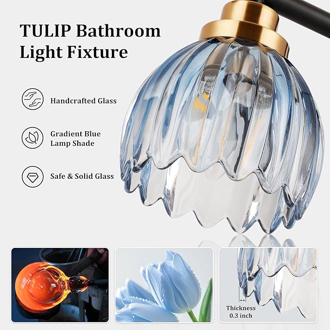 TALOYA Bathroom Vanity Light Fixtures, 4-Light Black and Gold Wall Lights for Mirror with Gradient Blue Tulip Glass Shades, Over Sink Lighting for Bedroom, Living Room, Hallway,Farmhouse