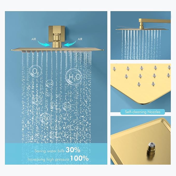 Shower System with Body Jets,Bostingner 12" Rain Shower and Handheld, Can Use All Spray at A Time,Wall Mount Push Button Shower Faucet Set with Valve and Trim Kit Included,Brushed Gold