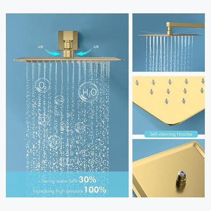 Shower System with Body Jets,Bostingner 12" Rain Shower and Handheld, Can Use All Spray at A Time,Wall Mount Push Button Shower Faucet Set with Valve and Trim Kit Included,Brushed Gold