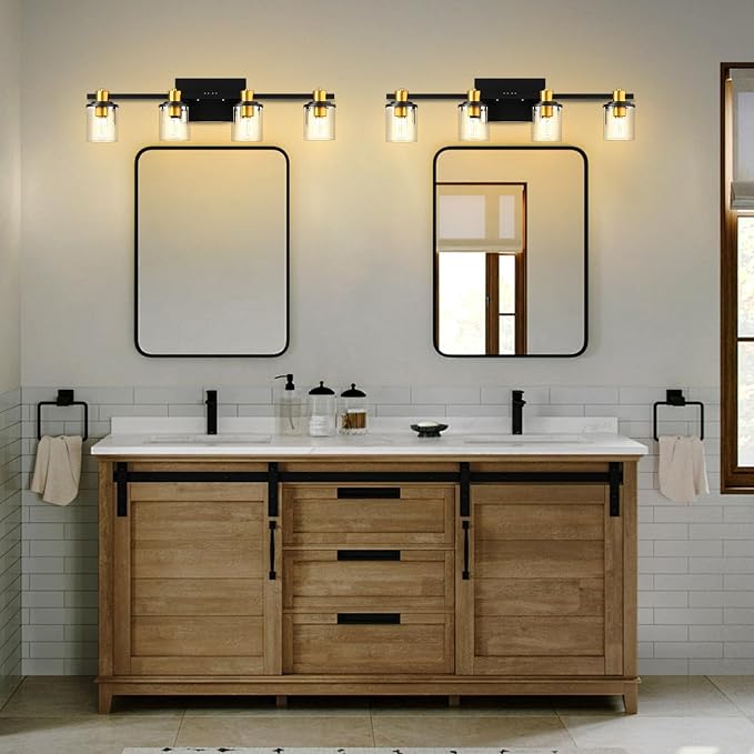 Lightdot 4 Light Bathroom Vanity Light, 27.5" Black and Gold Bathroom Light Fixtures with Glass Waterproof Shades, Rust-Proof Modern Vanity Lights Over Mirror for Kitchen Hallway Cabinet Porch