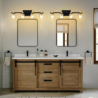 Lightdot 4 Light Bathroom Vanity Light, 27.5" Black and Gold Bathroom Light Fixtures with Glass Waterproof Shades, Rust-Proof Modern Vanity Lights Over Mirror for Kitchen Hallway Cabinet Porch