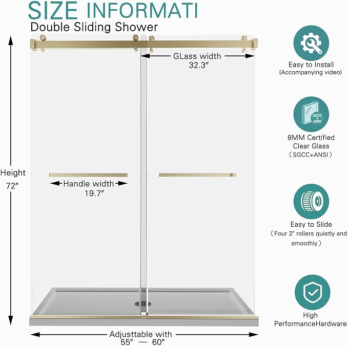 55-60" W x 72" H Frameless Double Sliding Shower Door for Walk-in Shower,5/16" (8mm) SGCC Certified Clear Tempered Safety Glass,Easy-Clean Coating,Quiet Heavy-Duty Roller System, Brushed Gold
