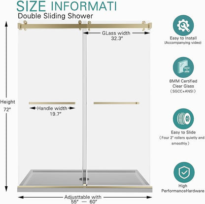 55-60" W x 72" H Frameless Double Sliding Shower Door for Walk-in Shower,5/16" (8mm) SGCC Certified Clear Tempered Safety Glass,Easy-Clean Coating,Quiet Heavy-Duty Roller System, Brushed Gold