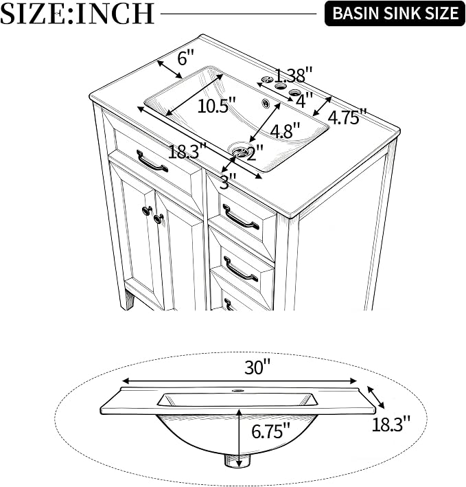 Merax 30 Inch Bathroom Vanities with Undermount Ceramic Sink, Storage Cabinet with Soft Closing Doors and Three Drawers, Solid Wood Frame, White