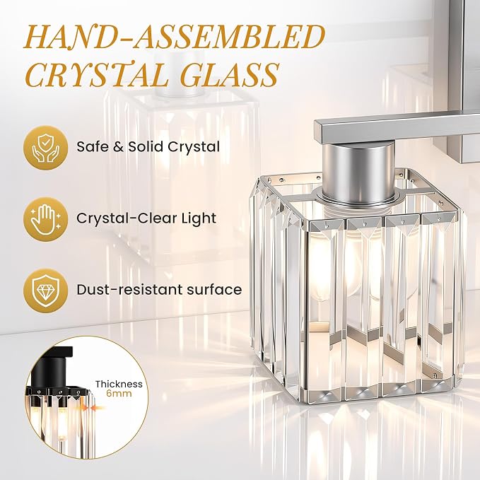 Crystal Bathroom Light Fixtures, 3-Light Brushed Nickel, Vanity Lights for Bathroom Over Mirror, Modern Bath Wall Sconce for Mirror Bedroom Living Room