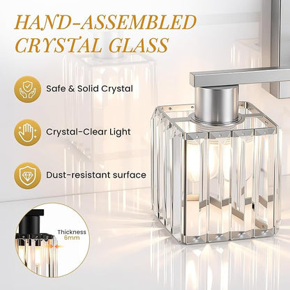 Crystal Bathroom Light Fixtures, 3-Light Brushed Nickel, Vanity Lights for Bathroom Over Mirror, Modern Bath Wall Sconce for Mirror Bedroom Living Room